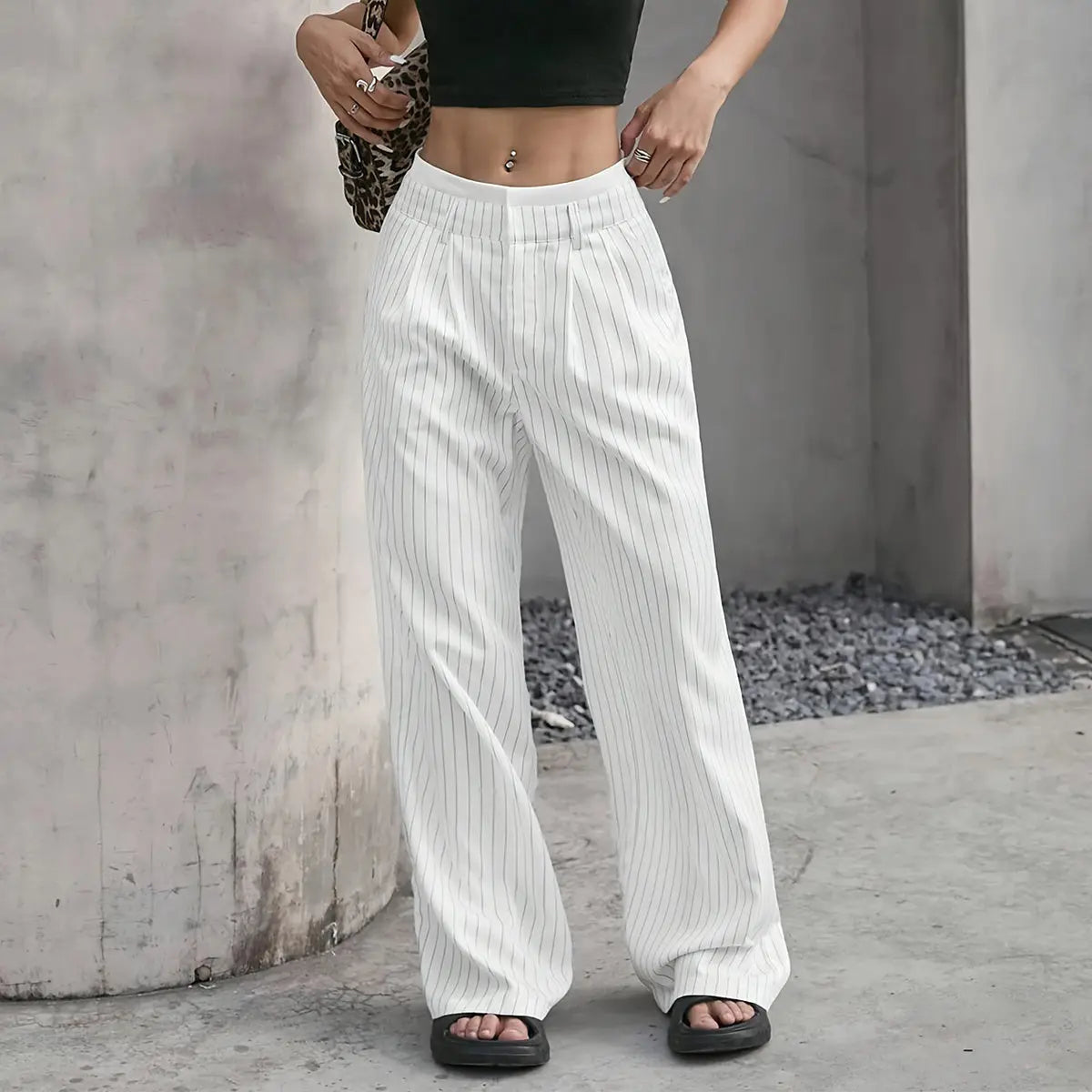 High Waist Stripe Printed Straight Leg Pants with Pockets – Women’s Casual Trousers My Store