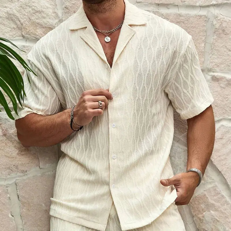 Men’s Summer Tracksuit – Solid Loose Lapel Shirt & Shorts Set - ZNN Deals