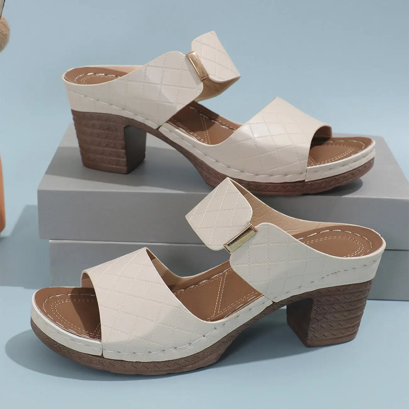 Chunky Heel Plaid Sandals – Summer Round Toe Slides for Women My Store