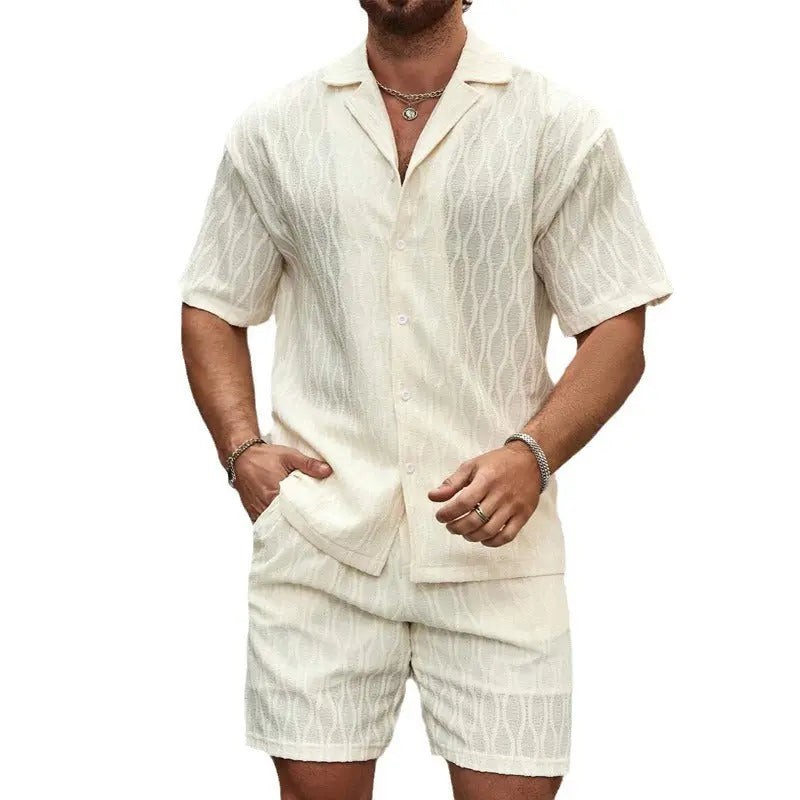 Men’s Summer Tracksuit – Solid Loose Lapel Shirt & Shorts Set - ZNN Deals