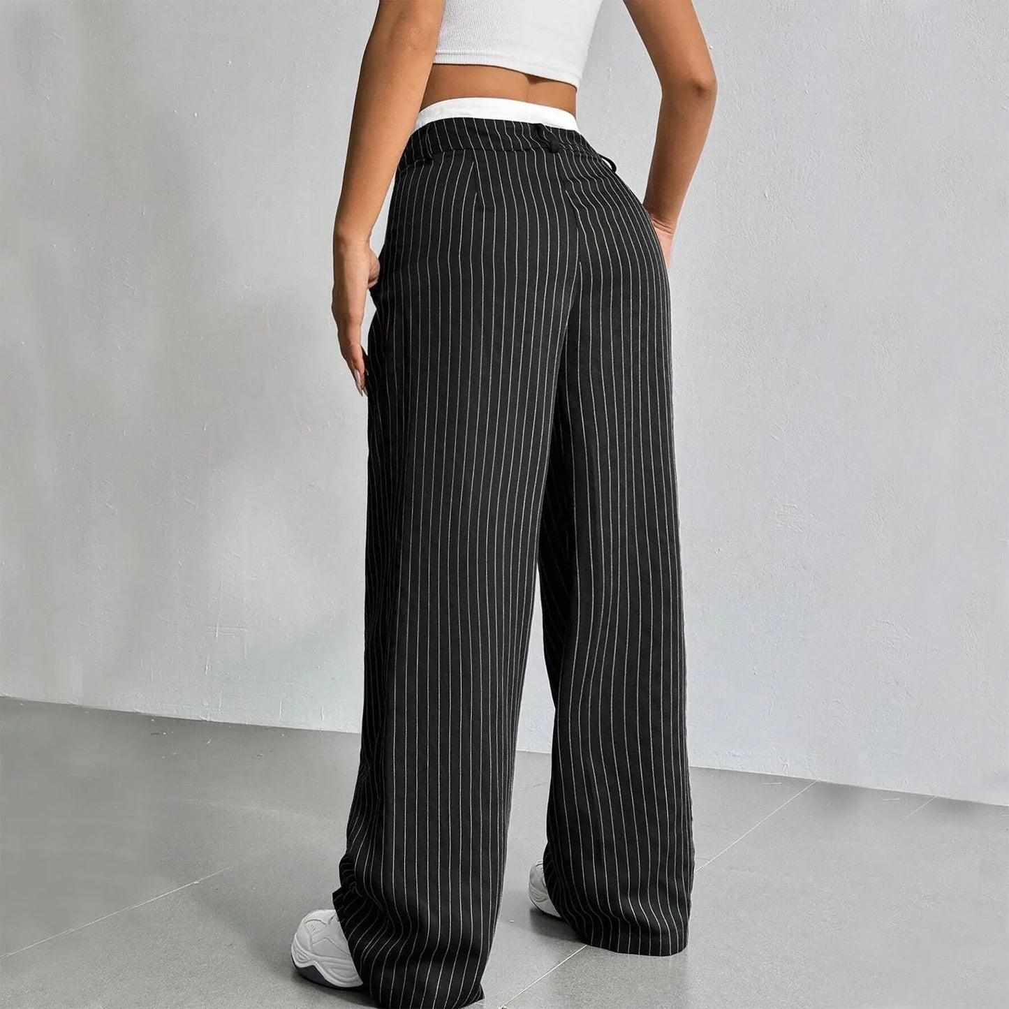High Waist Stripe Printed Straight Leg Pants with Pockets – Women’s Casual Trousers My Store