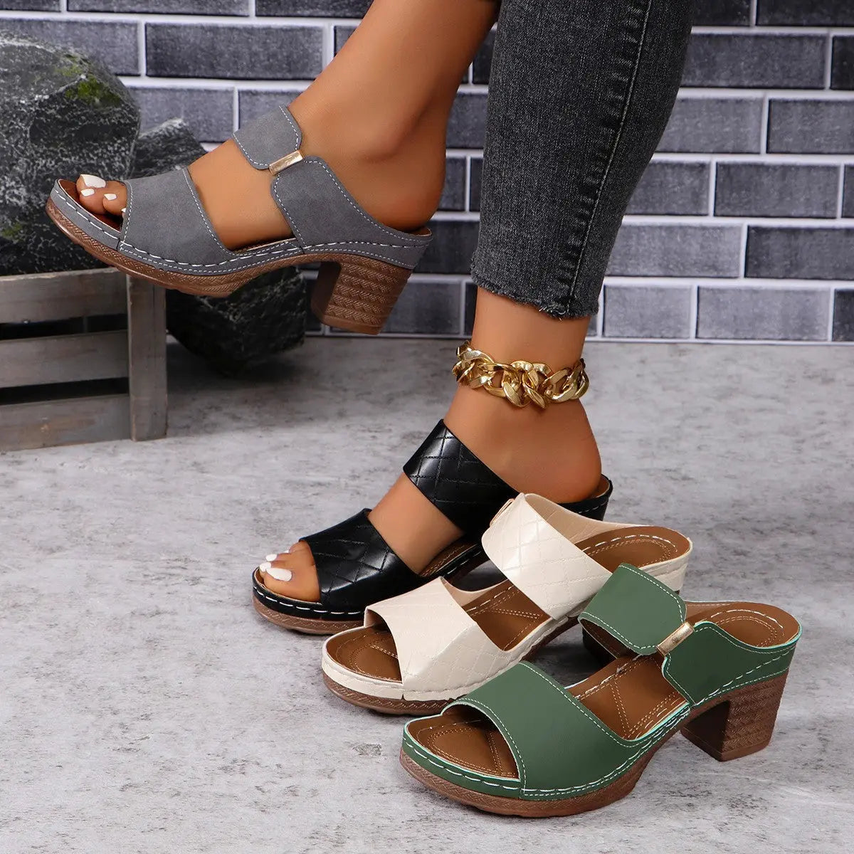 Chunky Heel Plaid Sandals – Summer Round Toe Slides for Women My Store