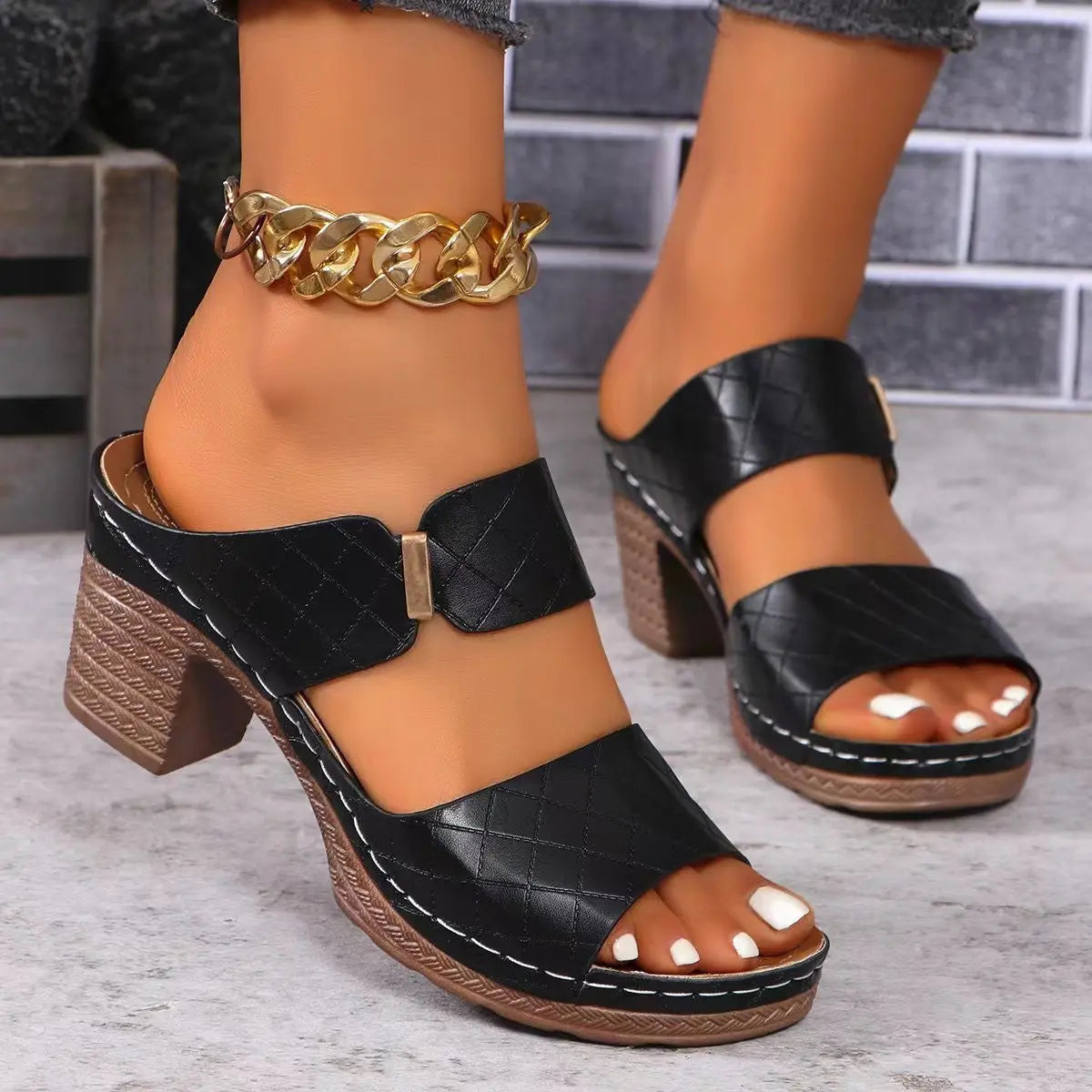 Chunky Heel Plaid Sandals – Summer Round Toe Slides for Women My Store