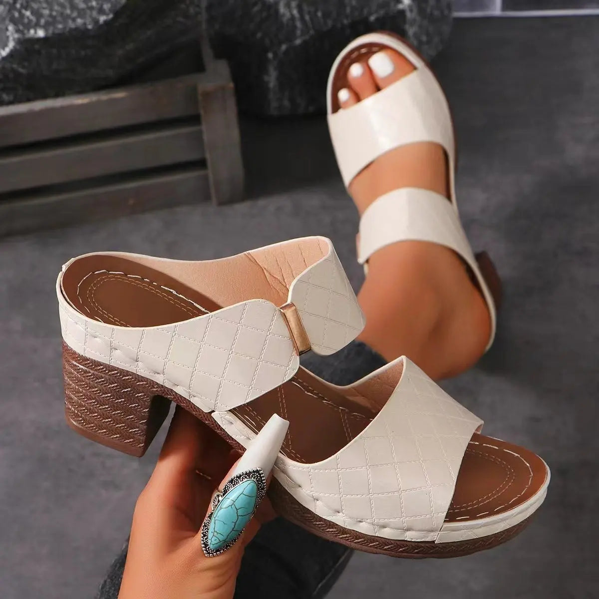 Chunky Heel Plaid Sandals – Summer Round Toe Slides for Women My Store
