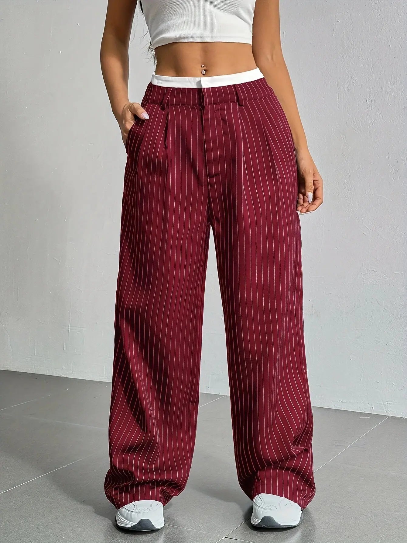 High Waist Stripe Printed Straight Leg Pants with Pockets – Women’s Casual Trousers My Store
