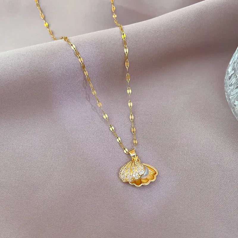Shell Pearl Necklace with Rhinestones – Elegant Zircon Jewelry for Women - ZNN Deals