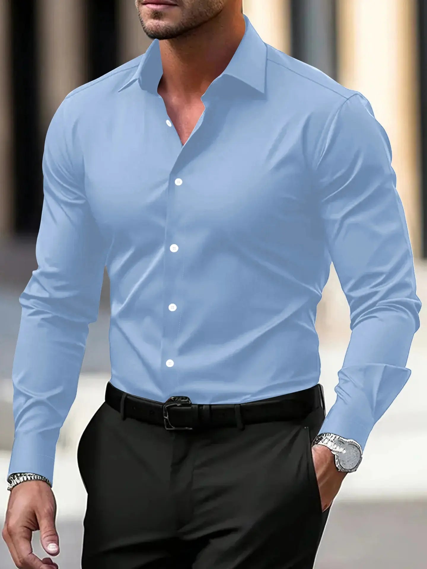 Men’s Summer Solid Color Button-Down Shirt – Casual Business Long Sleeve My Store