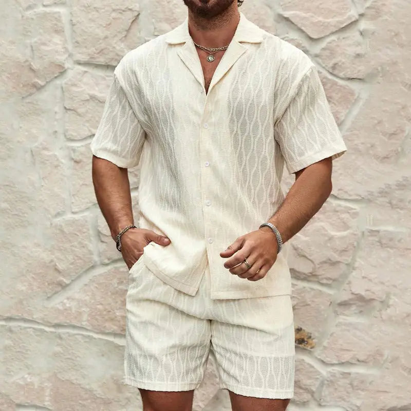 Men’s Summer Tracksuit – Solid Loose Lapel Shirt & Shorts Set - ZNN Deals