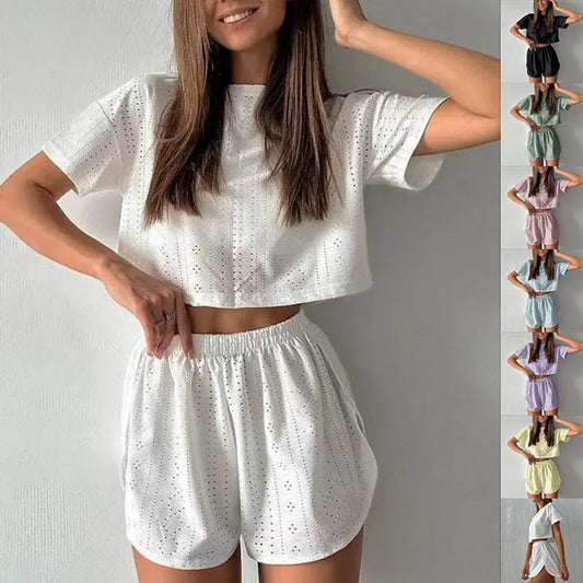 2pcs Women’s Casual Hollow Crop Top & Elastic Slit Shorts Set – Summer Sportwear My Store
