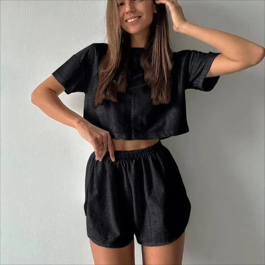 2pcs Women’s Casual Hollow Crop Top & Elastic Slit Shorts Set – Summer Sportwear My Store