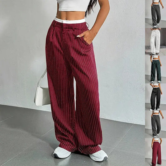 High Waist Stripe Printed Straight Leg Pants with Pockets – Women’s Casual Trousers My Store