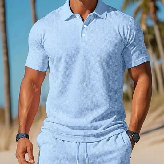Men’s Casual Mesh Lapel Shirt & Shorts Set – Breathable Summer Beachwear My Store