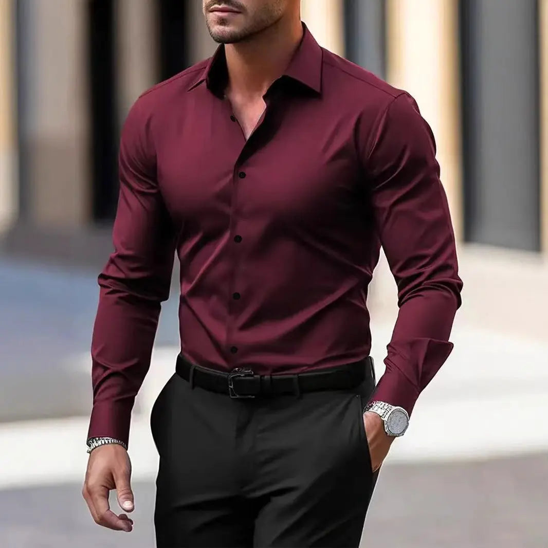 Men’s Summer Solid Color Button-Down Shirt – Casual Business Long Sleeve My Store