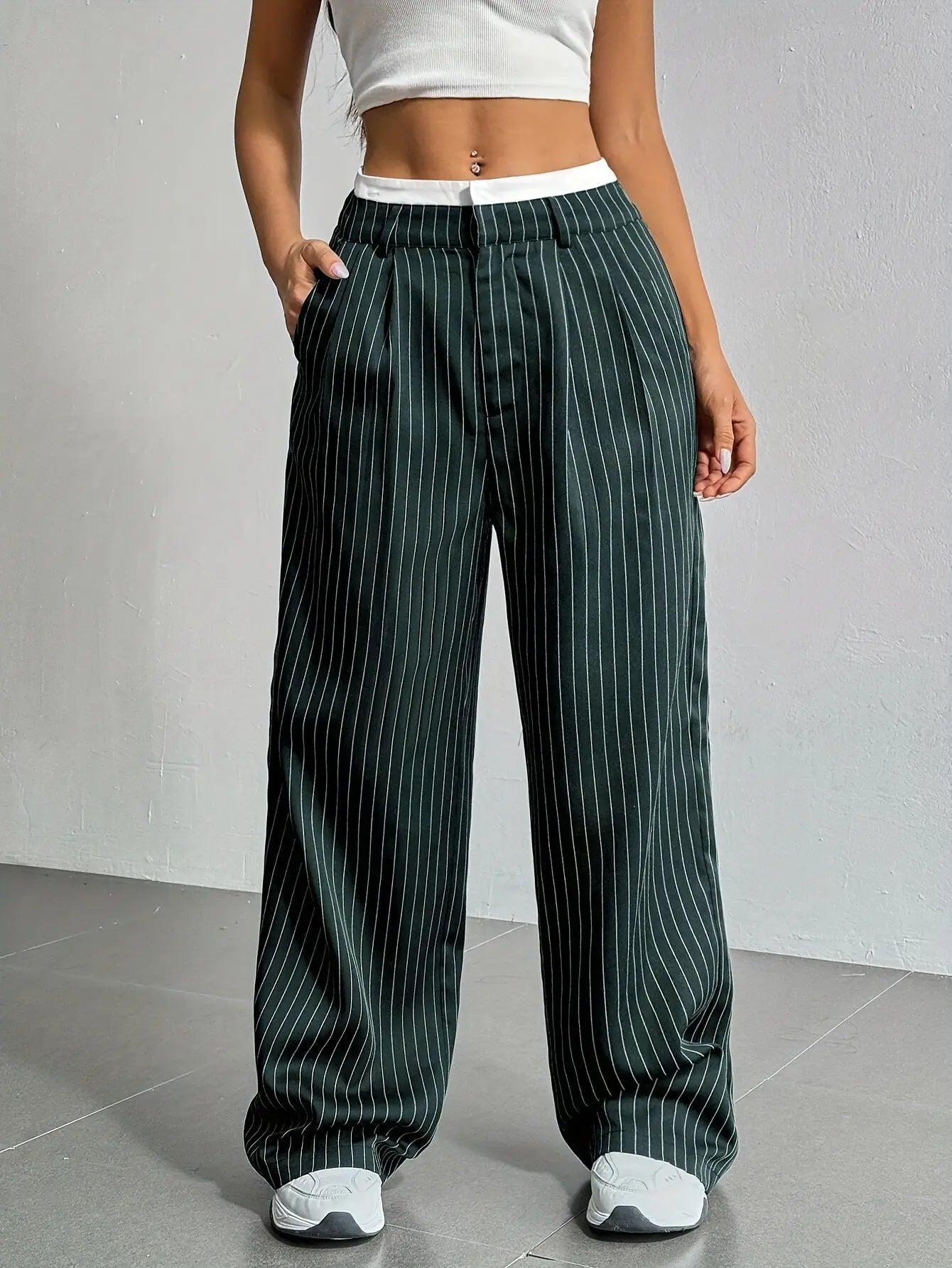 High Waist Stripe Printed Straight Leg Pants with Pockets – Women’s Casual Trousers My Store