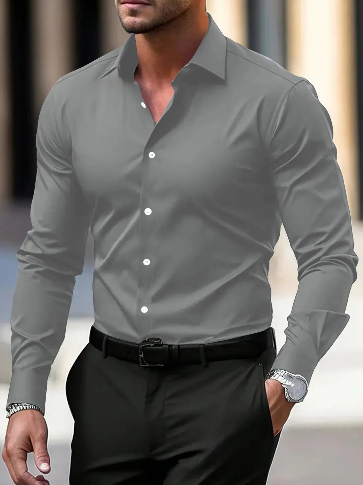 Men’s Summer Solid Color Button-Down Shirt – Casual Business Long Sleeve My Store