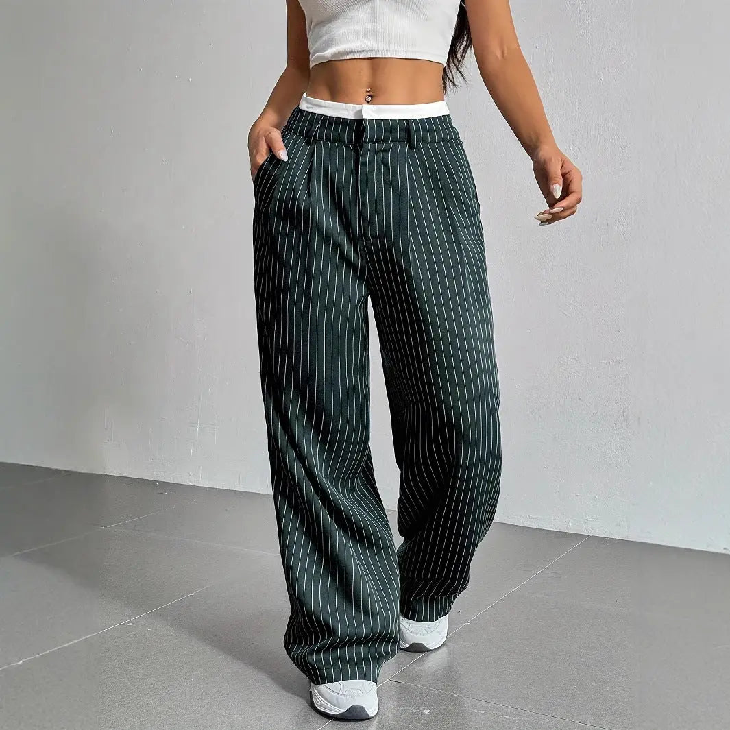 High Waist Stripe Printed Straight Leg Pants with Pockets – Women’s Casual Trousers My Store