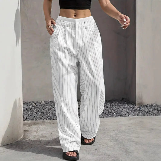 High Waist Stripe Printed Straight Leg Pants with Pockets – Women’s Casual Trousers My Store