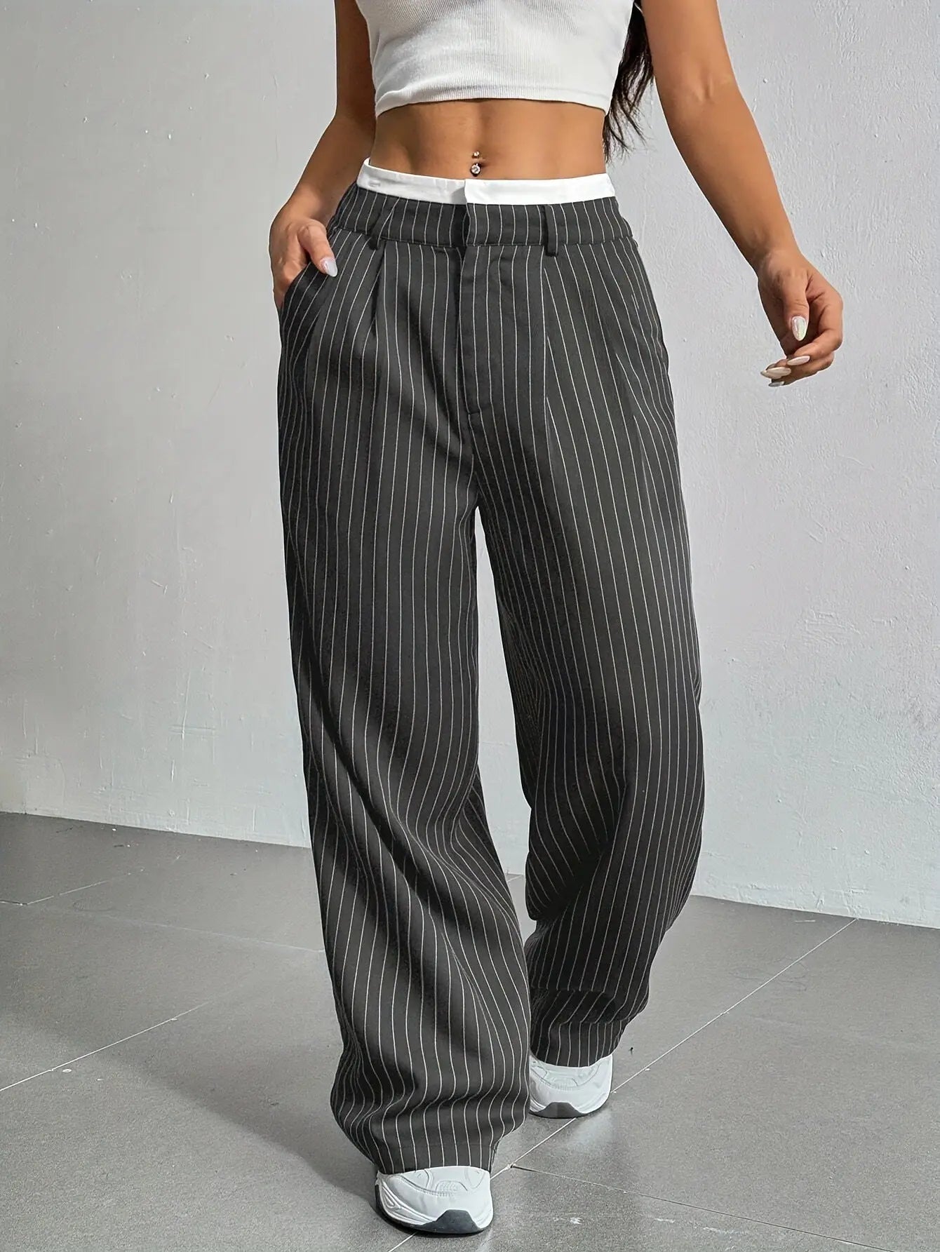 High Waist Stripe Printed Straight Leg Pants with Pockets – Women’s Casual Trousers My Store