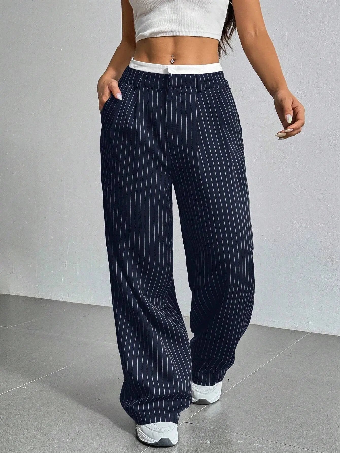 High Waist Stripe Printed Straight Leg Pants with Pockets – Women’s Casual Trousers My Store