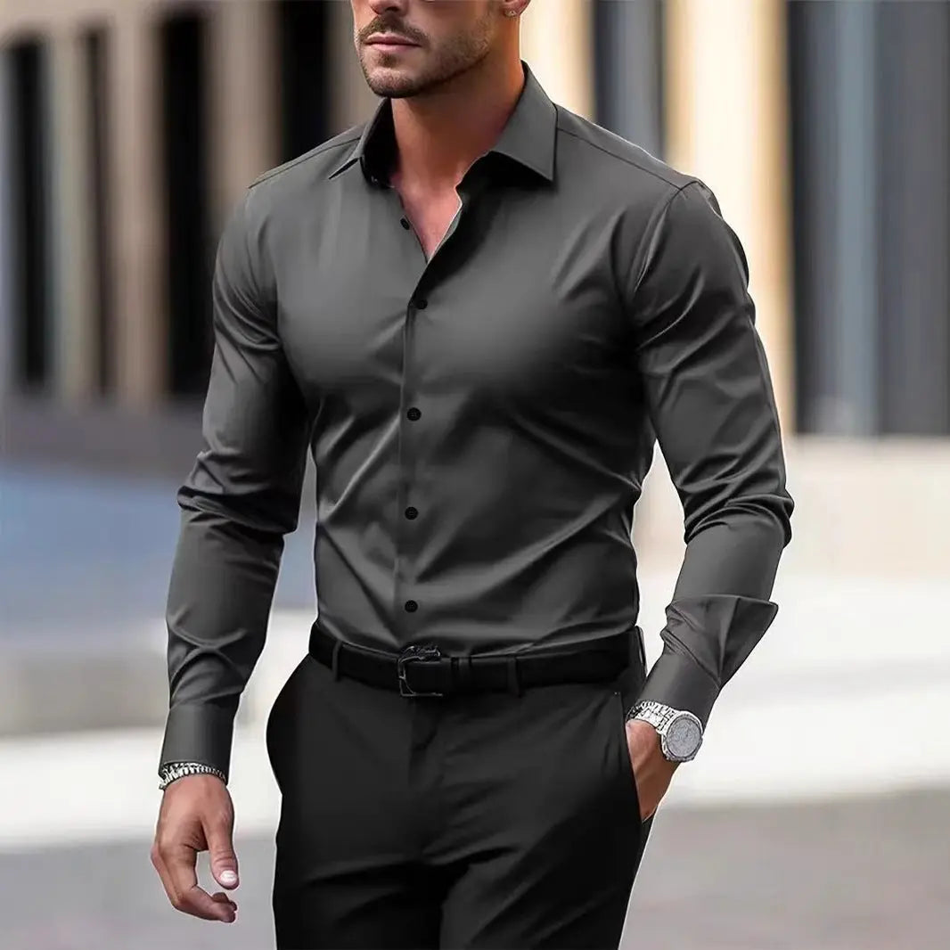 Men’s Summer Solid Color Button-Down Shirt – Casual Business Long Sleeve My Store
