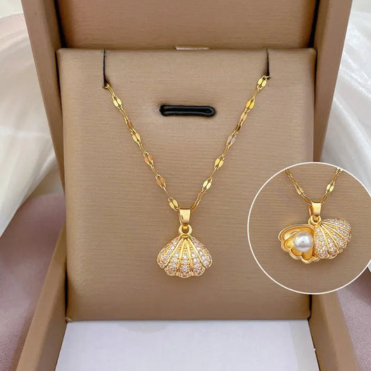 Shell Pearl Necklace with Rhinestones – Elegant Zircon Jewelry for Women - ZNN Deals