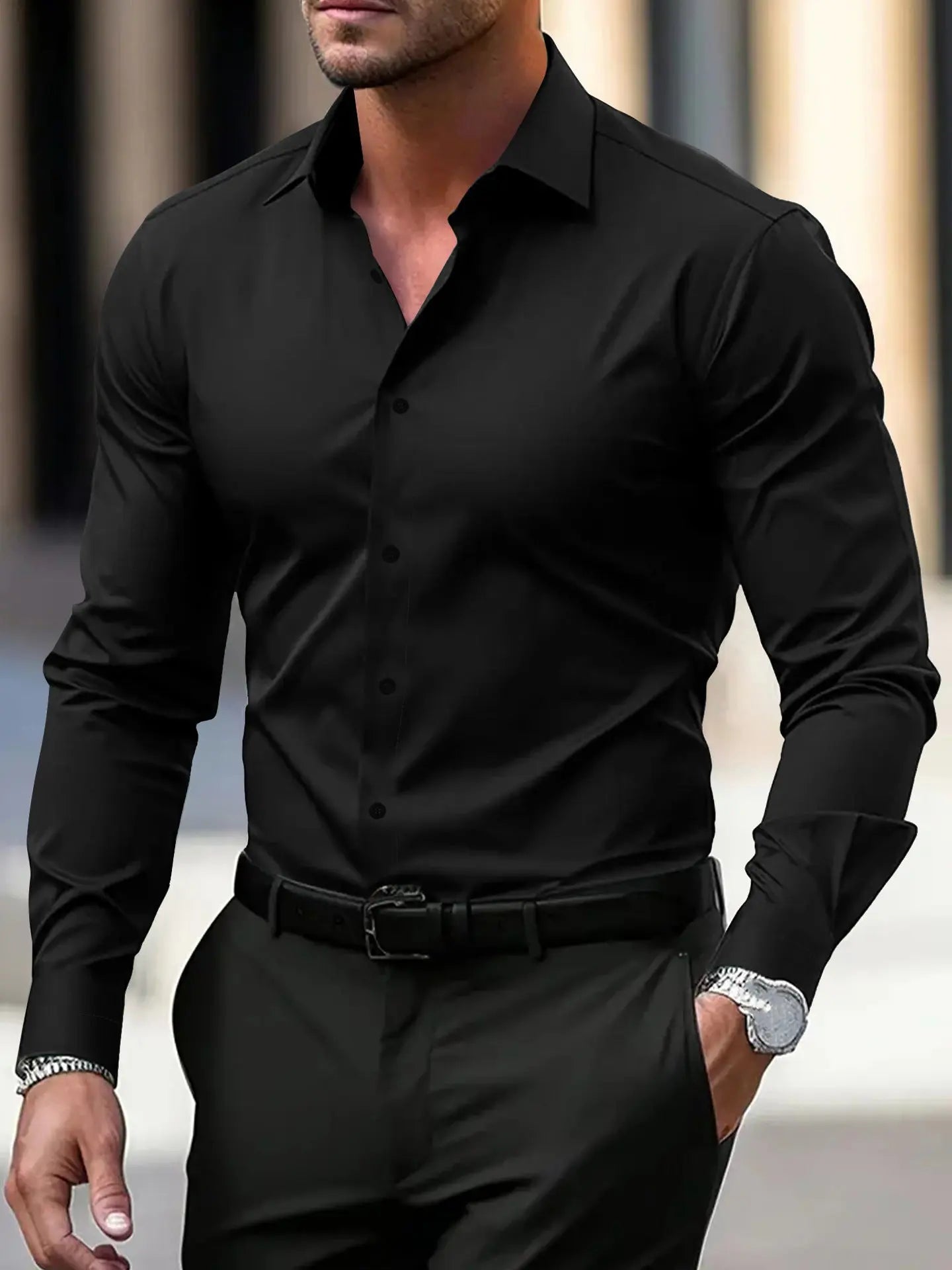 Men’s Summer Solid Color Button-Down Shirt – Casual Business Long Sleeve My Store