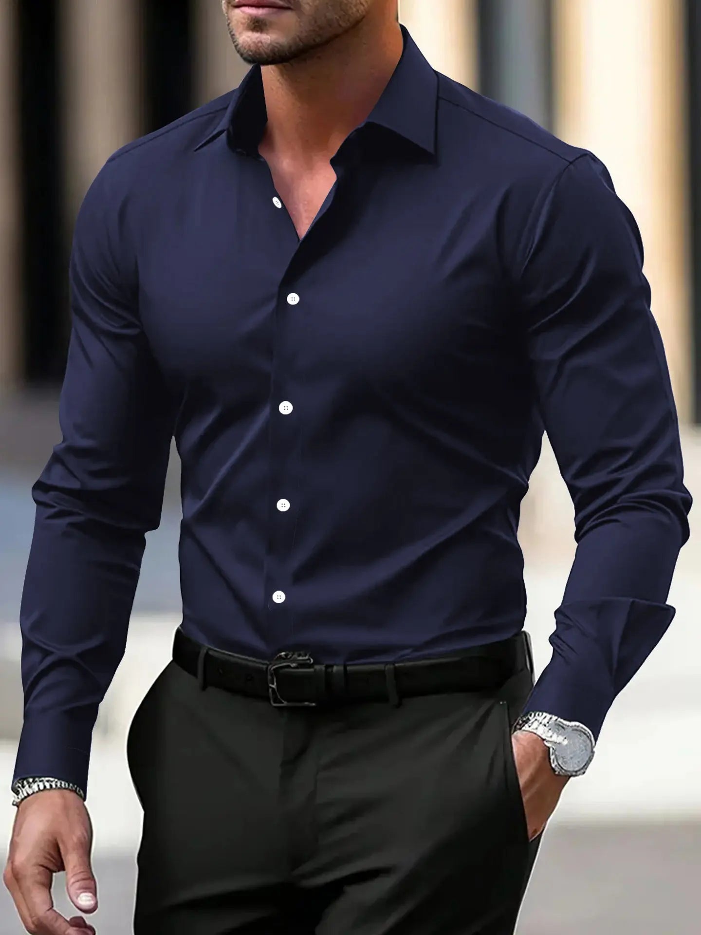 Men’s Summer Solid Color Button-Down Shirt – Casual Business Long Sleeve My Store