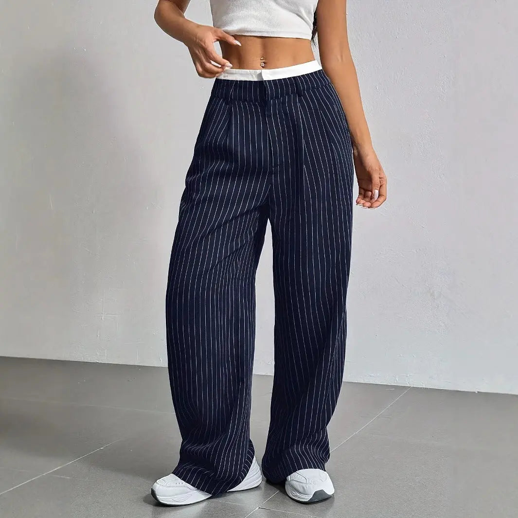 High Waist Stripe Printed Straight Leg Pants with Pockets – Women’s Casual Trousers My Store