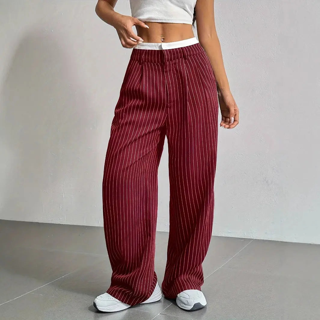 High Waist Stripe Printed Straight Leg Pants with Pockets – Women’s Casual Trousers My Store
