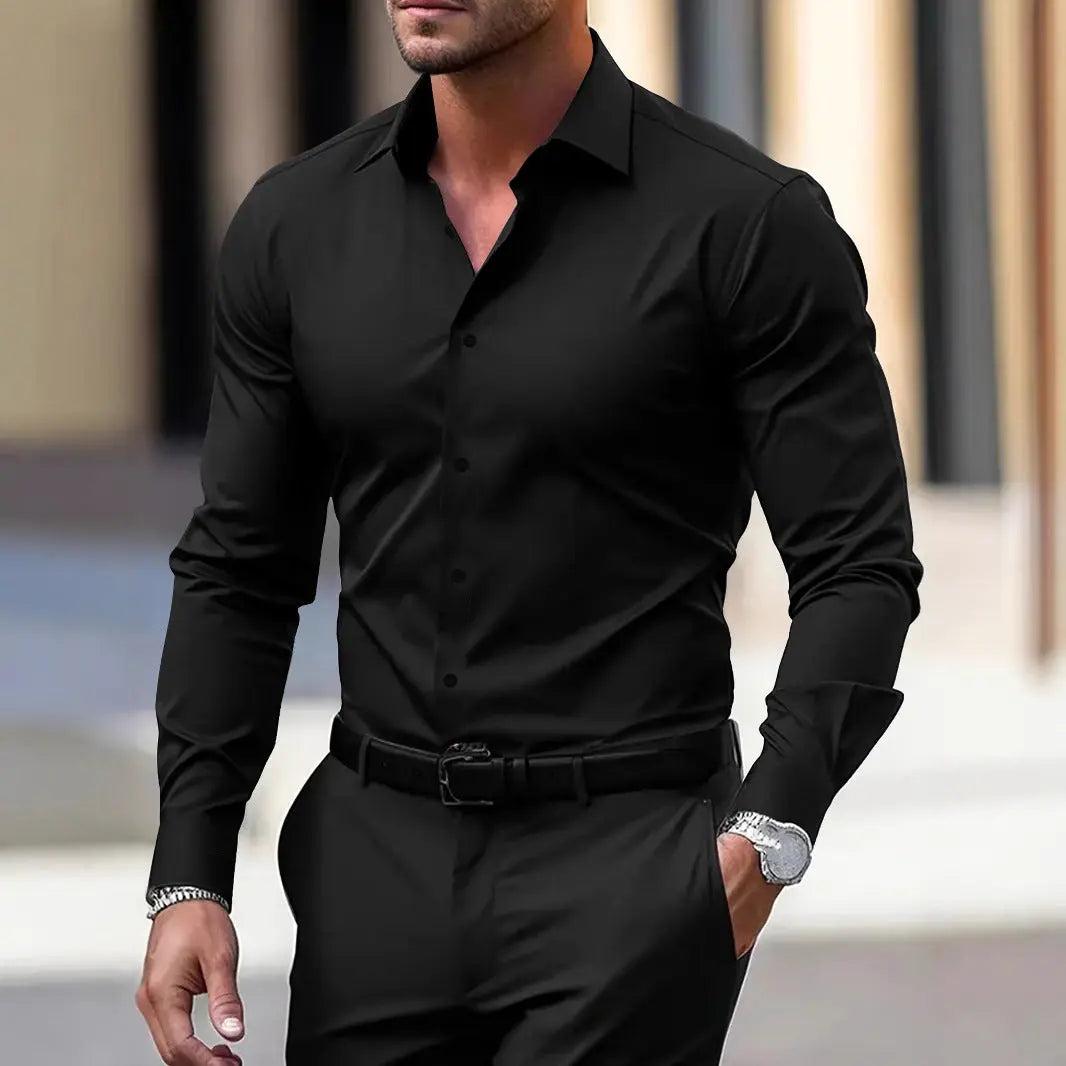 Men’s Summer Solid Color Button-Down Shirt – Casual Business Long Sleeve My Store