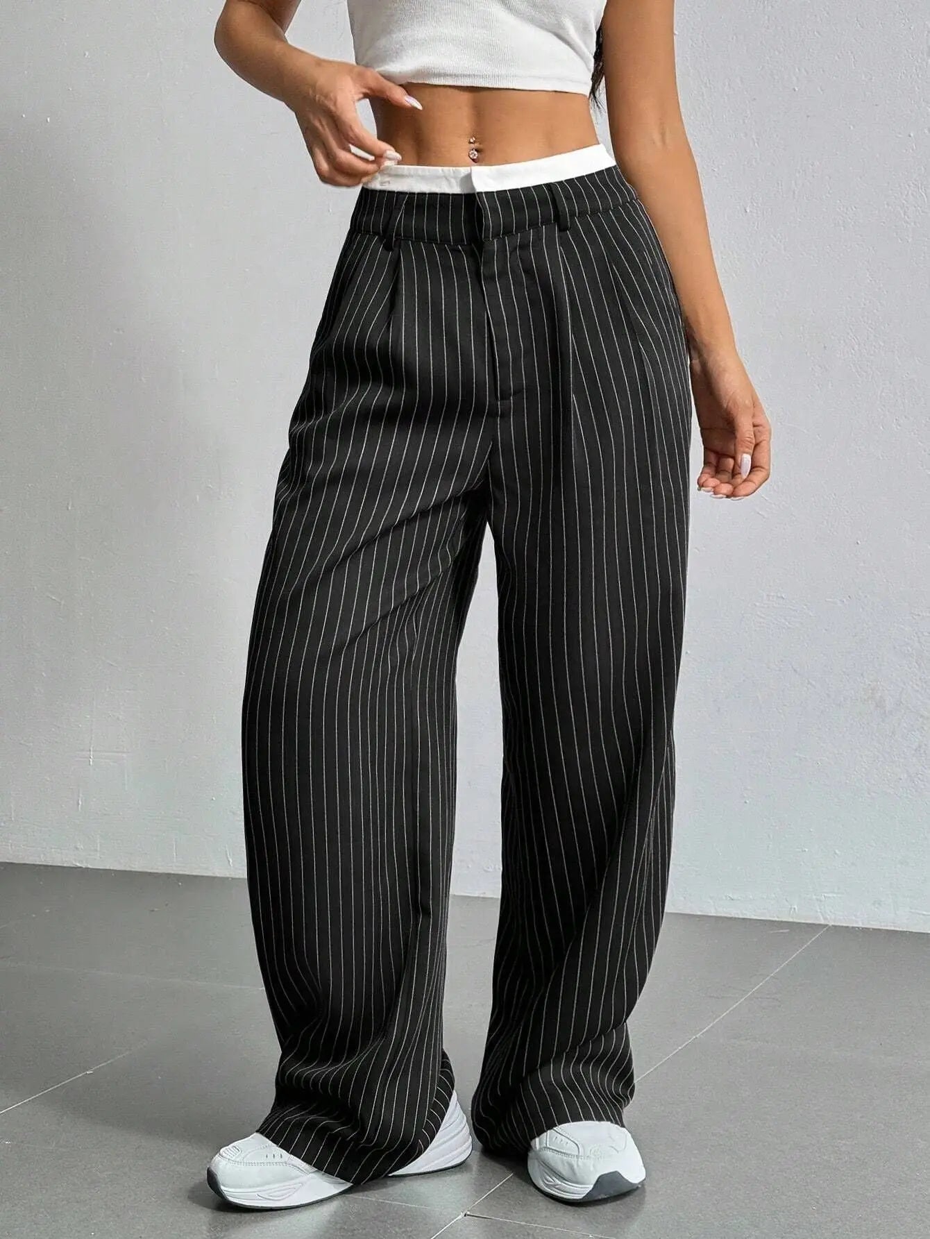 High Waist Stripe Printed Straight Leg Pants with Pockets – Women’s Casual Trousers My Store