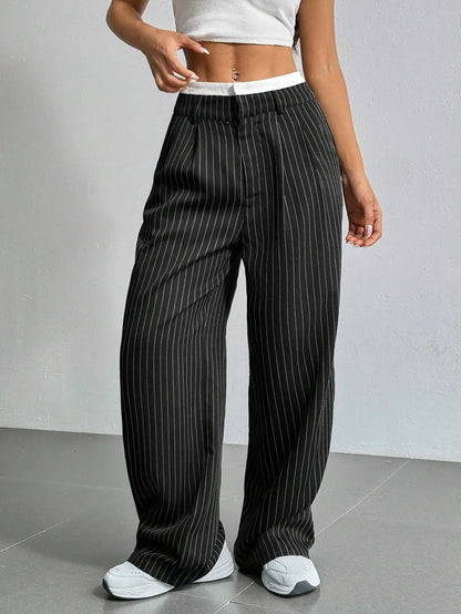 High Waist Stripe Printed Straight Leg Pants with Pockets – Women’s Casual Trousers My Store
