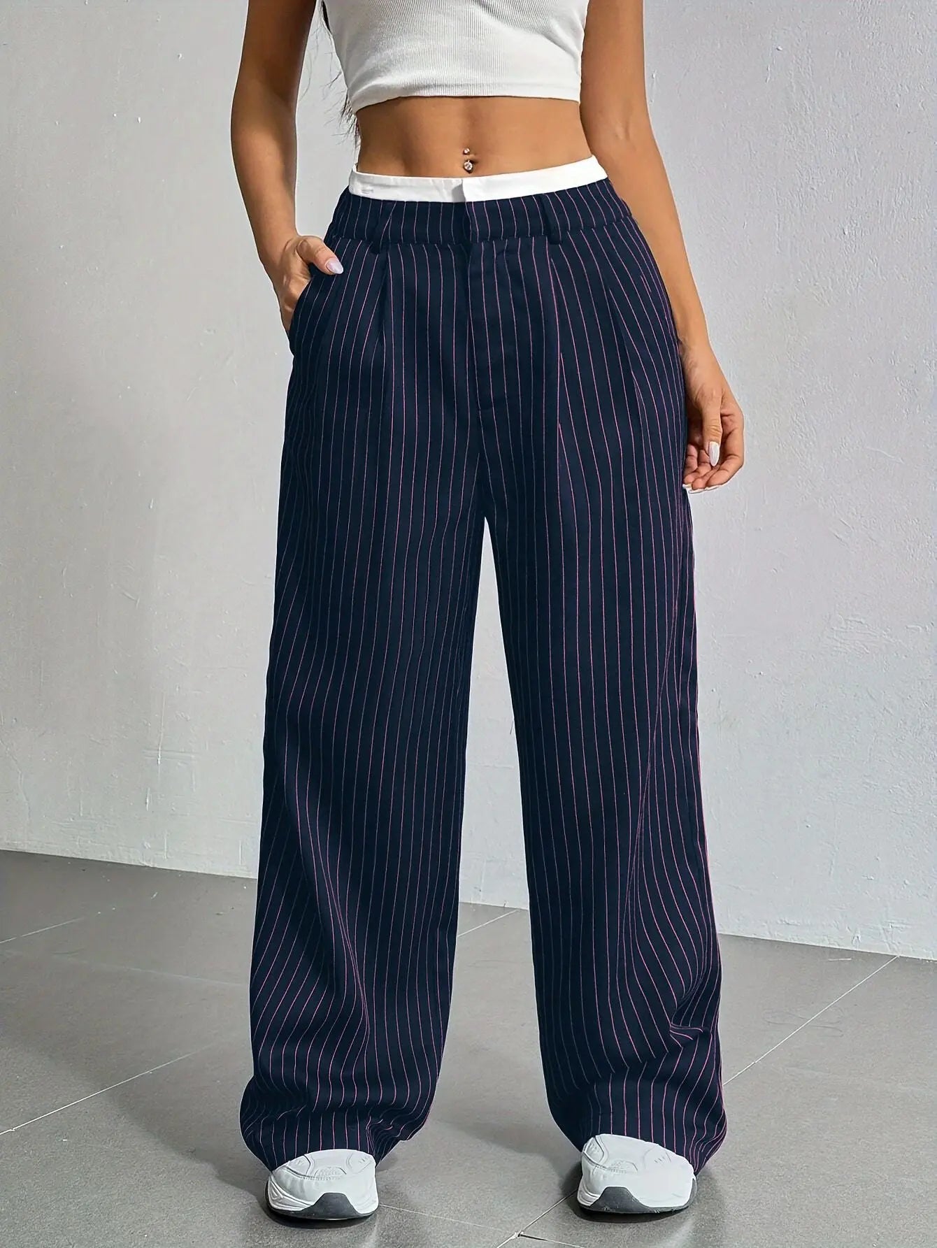 High Waist Stripe Printed Straight Leg Pants with Pockets – Women’s Casual Trousers My Store
